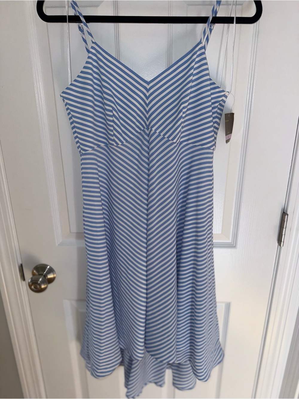 Taylor Blue and White Striped High-Low Spaghetti Strap Dress